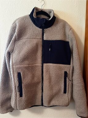 Penfield Taupe Sherpa Jacket with Navy Trim